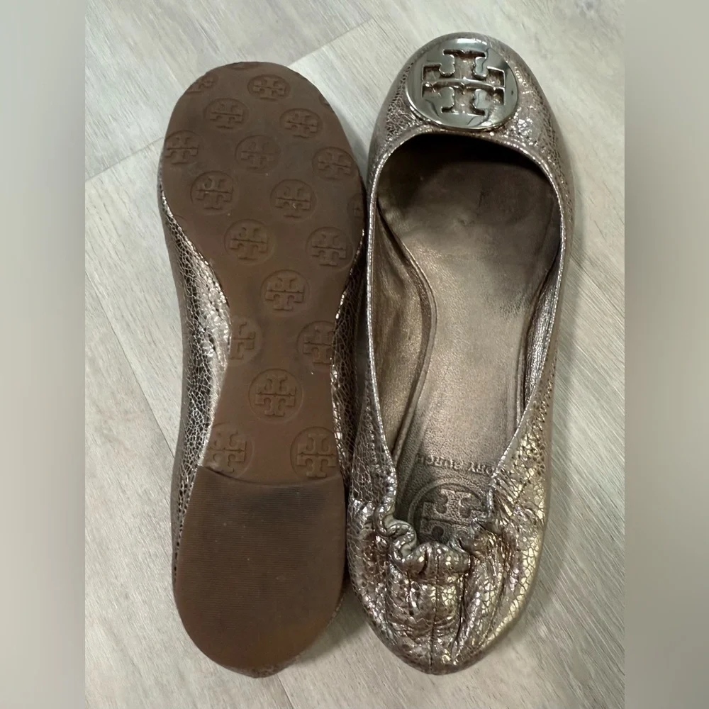 Tory Burch Metallic Bronze Embossed Leather Ballet Flats Women's Size 8M